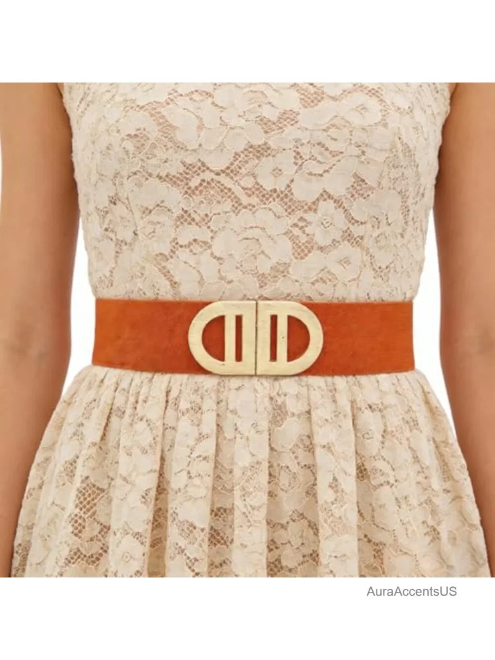 Wide Stretchy Waist Belt With Gold Buckle For Dresses